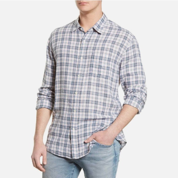 Rails Connor Plaid Linen Blend Plaid Button Up Long Sleeve Stone Pink White - Picture 2 of 9